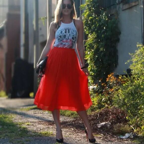 𝅺BB Dakota Women's High Waist Semi Sheer Midi-Skirt Bright Orange - Picture 1 of 3